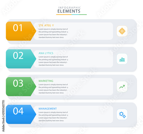 Vector infographic elements with 4 numbered steps and icons. Vertical list template with chevron tabs for business presentation. Can be used for report, web design.
