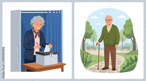 Senior citizens lifestyle vector illustration of voting and park walking