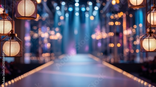 Elegant runway stage with hanging lantern lights and blurred background