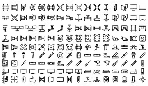 Complete TV Wall Mount Installation Line Icon Set with VESA Standards Display Brackets Hardware Tools and Accessories