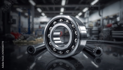 Glossy metal single-row circular roller bearing intended for handling radial and unidirectional axial loads of vehicles. Parts sale or repair at a workshop or auto service.