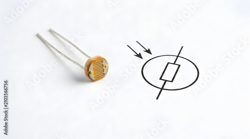 A photoresistor electronic component placed next to its LDR symbol and circuit diagram symbol on a white background.