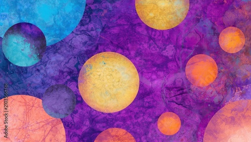 Bright designs of hovering spheres against a lively purple backdrop in a whimsical, abstract style.