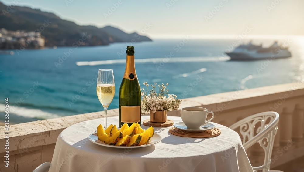 Obraz premium Al fresco breakfast on a sunny day featuring Spanish cava, pineapple, and a view of the blue sea and sandy beach in Marbella, Andalusia.