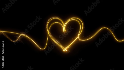 Neon yellow heart, abstract dark lines, long exposure photography, flowing golden streaks, no figures.