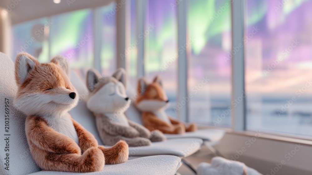 Obraz premium Cute plush animal sitting near large window with northern light view