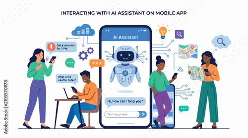Diverse group collaborates with a friendly AI assistant on a large smartphone screen in a futuristic tech workshop scene