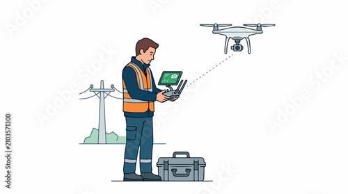 Drone operator in a safety vest inspects an outdoor worksite with a tablet as a drone flies overhead near wind turbines