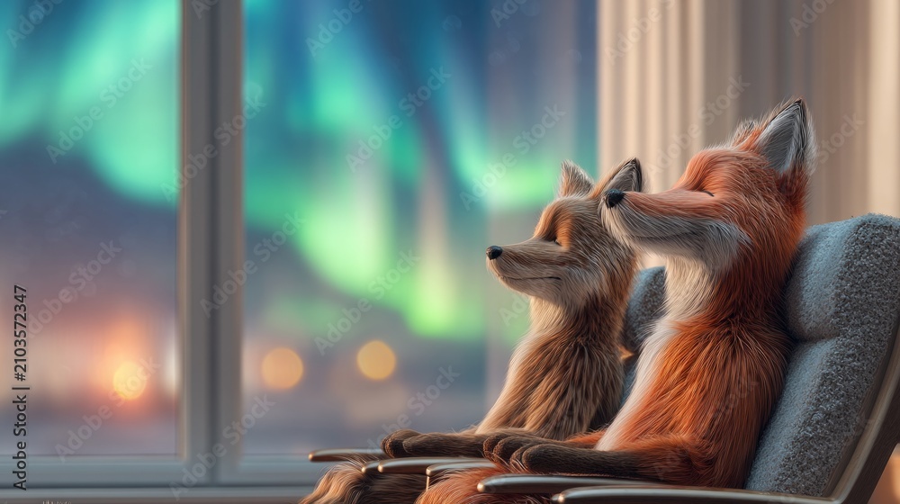 Fototapeta premium Two red foxes sitting inside looking at northern lights through window at night