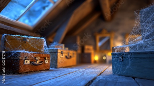 Vintage old suitcase with cobwebs on wooden attic floor in dim light