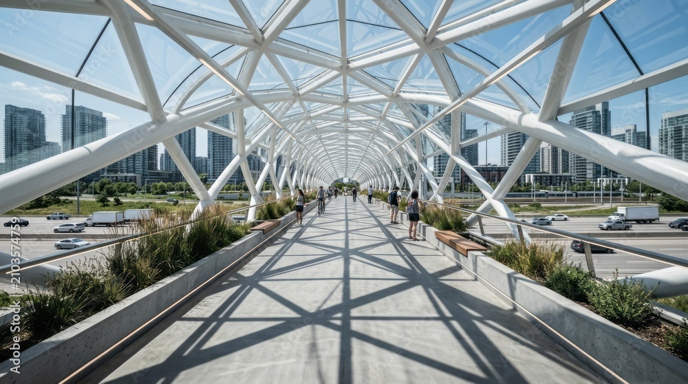 Fototapeta premium Modern Pedestrian Bridge with City View