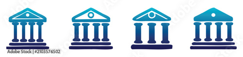 Obraz na płótnie Bank Icon Series: A collection of four stylized building icons, each representing a bank with a classic pediment and columns, rendered in shades of blue and turquoise