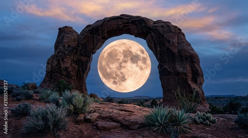 Full Moon Through Rock Arch Rock Arch Landscape Nature Night Sky Full Moon Scenic Outdoors. Concept featuring rock arch, landscape, nature, night sky, full moon for professional commercial design.