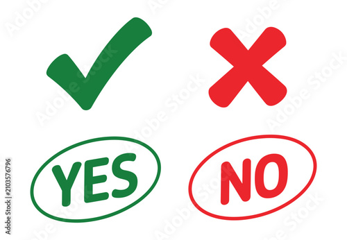 Foto Yes and No Icons: A visual representation of choices, featuring a green checkmark and YES symbol contrasted with a red cross and NO symbol, illustrating decision-making
