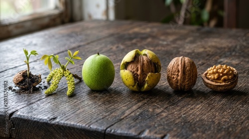 Stages of Nut Growth on Wooden Table