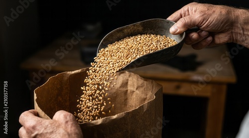 Pouring Grains into Paper Bag Paper Bag Scoop Pouring Hands Agriculture Food Storage Harvest. Concept featuring paper bag, scoop, pouring, hands, agriculture for professional commercial design.