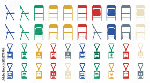 Colorful event icon set featuring folding chairs and VIP lanyard ID badges for conference planning.