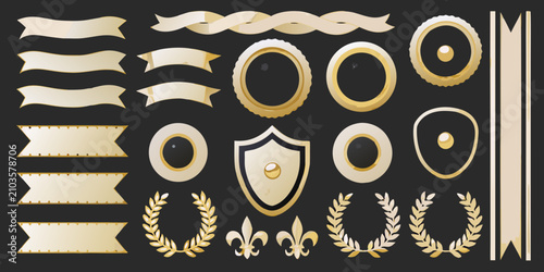 Fotografía gold and black badges shields vector set on dark background ornamental frames ri