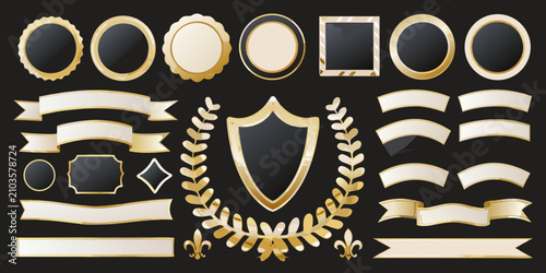 Foto gold and black badges shields vector set on dark background ornate frames ribbon