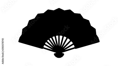 Black silhouette of an open folding hand fan isolated on white