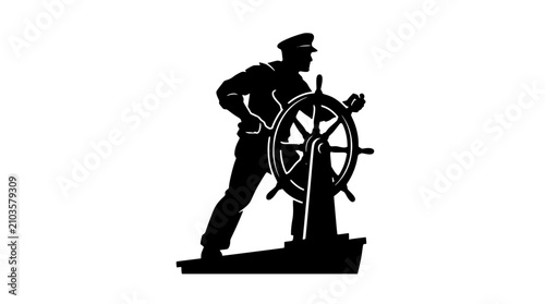 Silhouette of Sea Captain Steering a Ship's Wheel