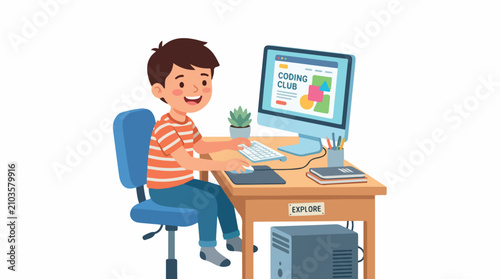 Playful illustration of a young boy at a desk using a computer for online learning in a cozy home office scene