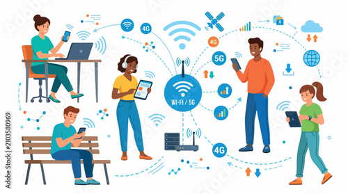 Diverse group of people using laptops and phones around wireless icons to illustrate modern digital connectivity