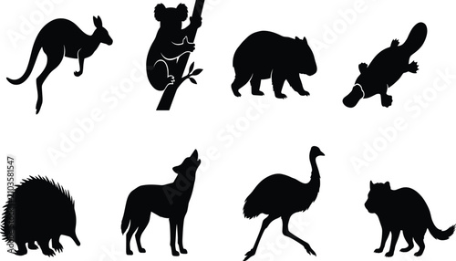 Photography Australian animal silhouettes featuring kangaroo, koala, wombat, platypus, echid