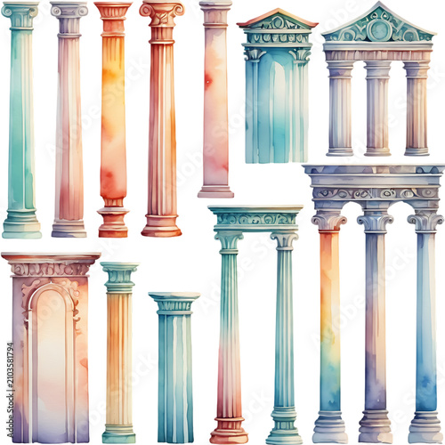 Watercolor Classical Architecture Elements Collection Featuring Ancient Greek and Roman Columns and Pediments