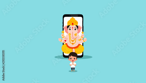 Cartoon illustration ganesha on smartphone screen with child praying