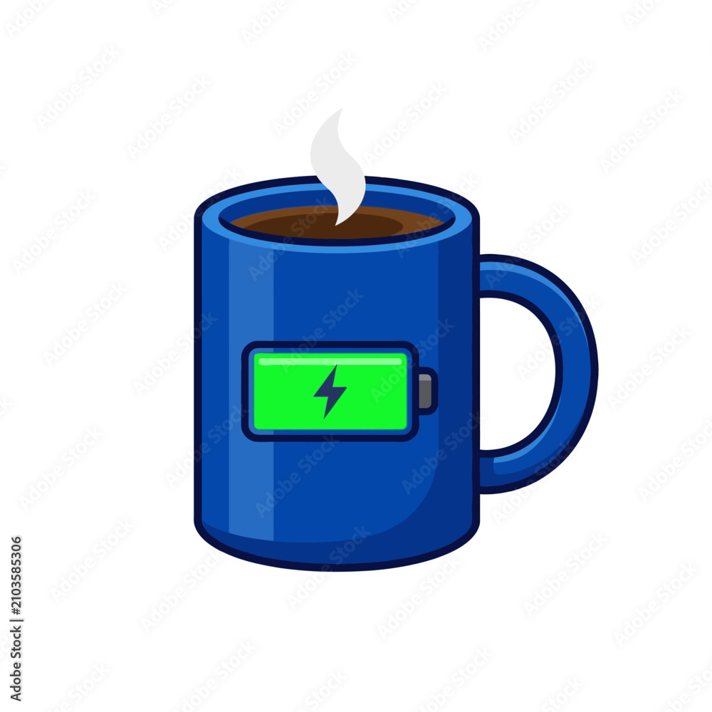 Obraz premium Blue Coffee Mug with Full Charging Battery Icon Vector Illustration