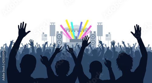 A large silhouetted crowd with raised hands enjoying a vibrant music concert with colorful stage lights and speakers.