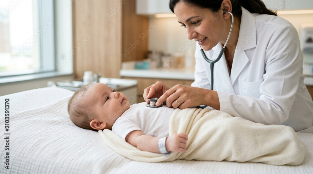 Fototapeta premium Pediatrician examines baby with stethoscope in clinic