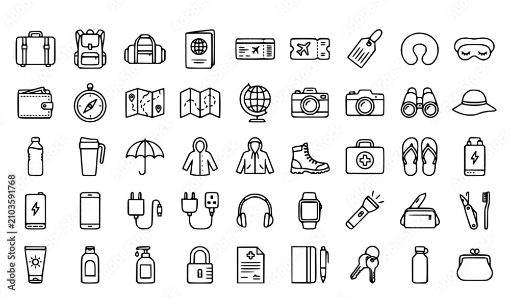 Fototapeta premium Set of 45 Travel Accessories Outline Icons Editable Stroke Linear Vector Collection