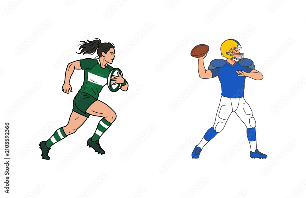 Fototapeta premium Female Rugby Player Running With Ball And Male American Football Quarterback Throwing Pass