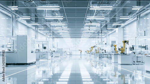 A high-tech semiconductor factory floor with advanced machinery and robotic arms working in sync (3)