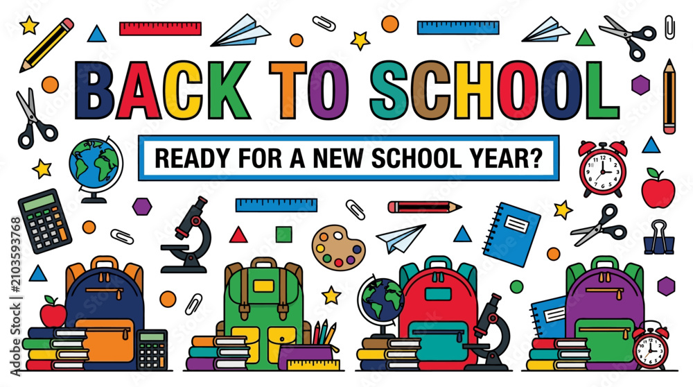 Naklejka premium Back to school banner asks if students are ready for a new school year with colorful icons and supplies.