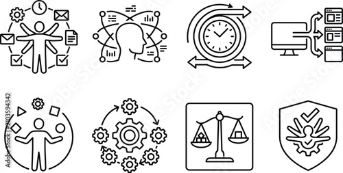 Work management multitasking task prioritization time optimization business workflow automation line vector icon set on white