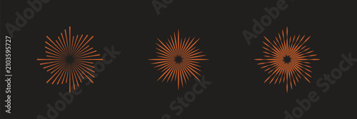 Sun rays images on black background. Firework hand drawn icons set. Vector.