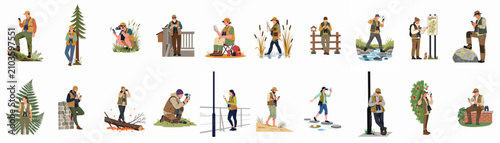 Obraz na płótnie Illustrations of birdwatchers and nature enthusiasts distracted by smartphones in various outdoor environments, exploring the impact of technology on wildlife observation
