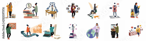 Diverse women engaged in various roles in media, journalism, and storytelling, illustrating themes of representation, equity, and global communication.