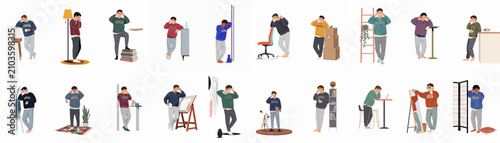 Flat Vector Illustration Set of a Stressed Young Man Experiencing Burnout, Fatigue, and Frustration in Various Domestic and Professional Scenarios