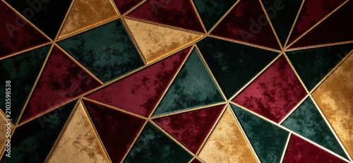 Geometric Velvet Triangles Deep Burgundy Green Gold Borders Luxury Texture