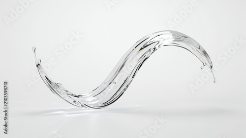 Dynamic S-shaped splash of clear water frozen in motion against a white background