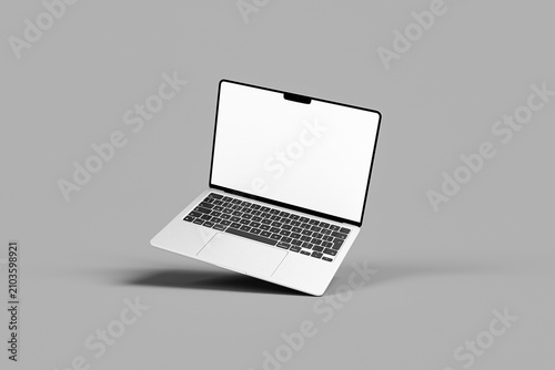 Single floating laptop mockup with blank white screen on gray background.
