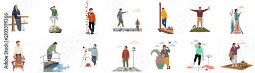 Φωτογραφία Set of flat vector illustrations depicting a young man in various outdoor activities, poses, and contemplative moments