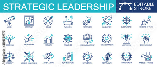 Set of 24 outline icons related to strategic leadership. Containing vision, strategy, goals, innovation, risk management and more. Linear icon collection. Editable stroke. Vector illustration