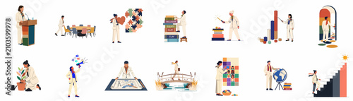 Diverse collection of business professionals engaging in leadership, strategic planning, diversity, inclusion, and career growth activities in flat vector illustration style.
