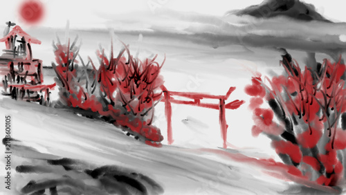 Photography A serene, minimalist scene featuring a red torii gate, traditional architecture, and vibrant red foliage or trees against a soft, misty background