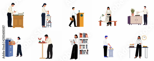 Foto Set of Flat Illustrations Showing Professionals Handling Documents, Stamping Papers, and Organizing Files in an Office or Legal Environment